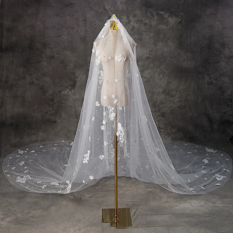 ไข่มุกGorgeous Wedding Veil Appliquesหนึ่งชั้นยาวCathedralความยาวVeils Applique Edge Big Tail Velo De Cabezaที่กําหนดเอง