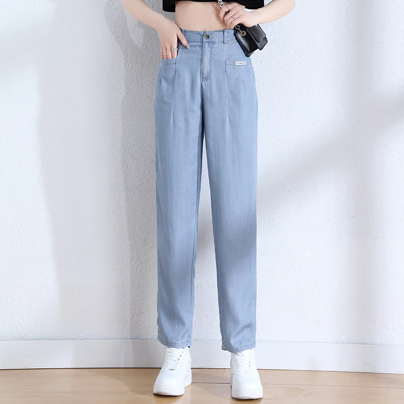 

Women's Casual Ankle Length Jeans, High Waist, Comfortable Harem Pants, Light Bule, Thin, Summer, Size 26-33