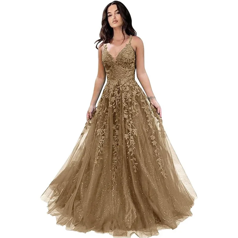 Dostosowane suknie wieczorowe A Line Spaghetti Straps Appliques Tulle Prom Birthday Party Gowns Formal robes de soirée