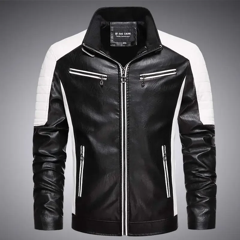 

Men's Windproof Motorcycle Jacket Color Blocked PU Leather Coat with Stand Up Collar Lightweight Riding Suit for Activities​