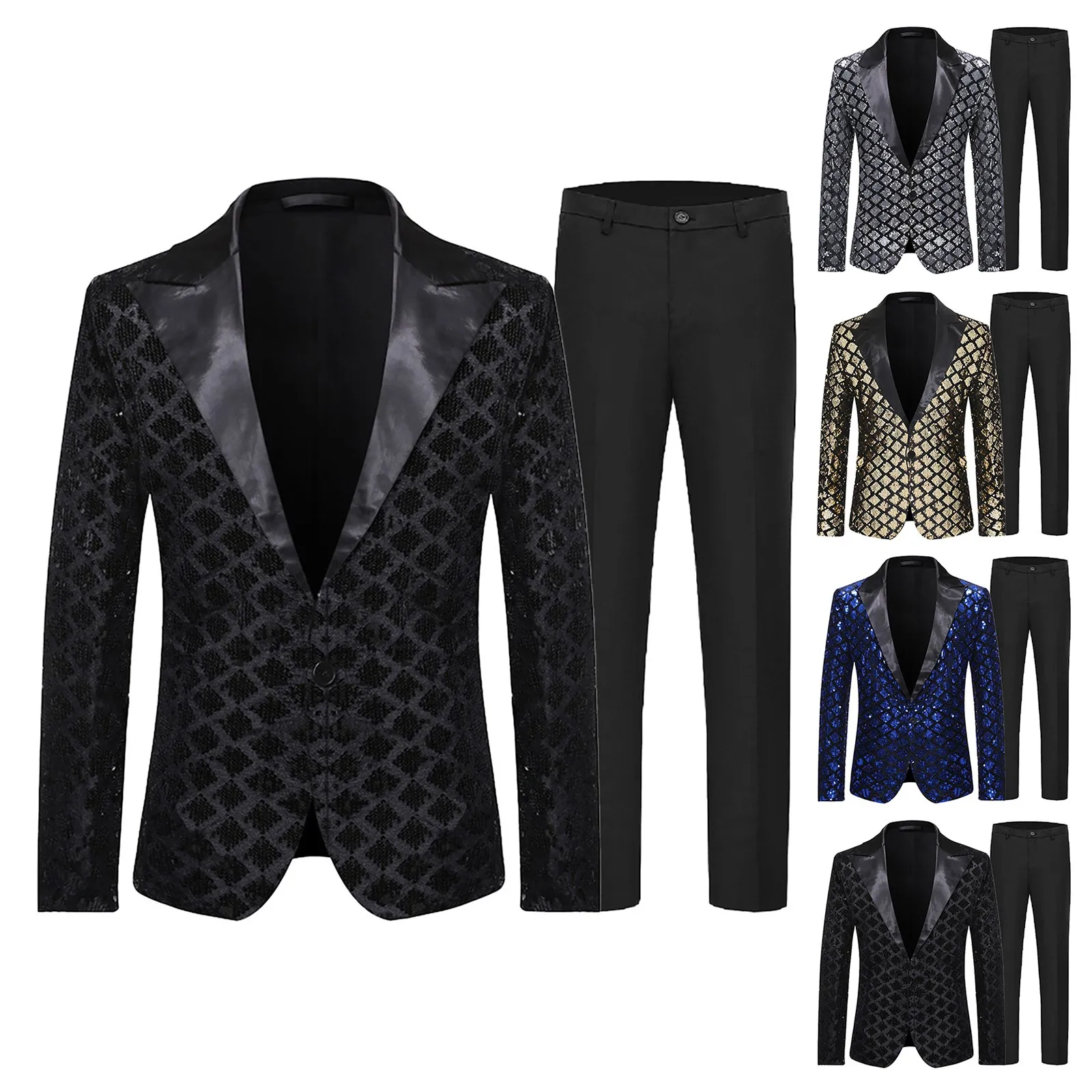 

2024 Men's Diamond Sequin Blazer Pant Set For Party Wedding One Button Suit Sets Blazer Evening Wedding Stage Two-piece Suits