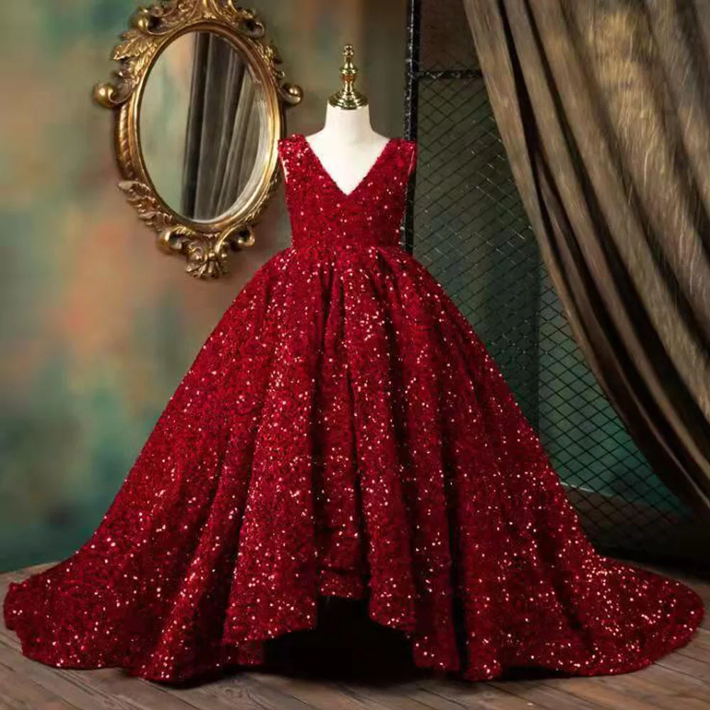 Hot Selling Luxury Ankle Length Wine Red Sequined Kids Party Princess Ball Gown Flower Girls Long Tail Evening Dress