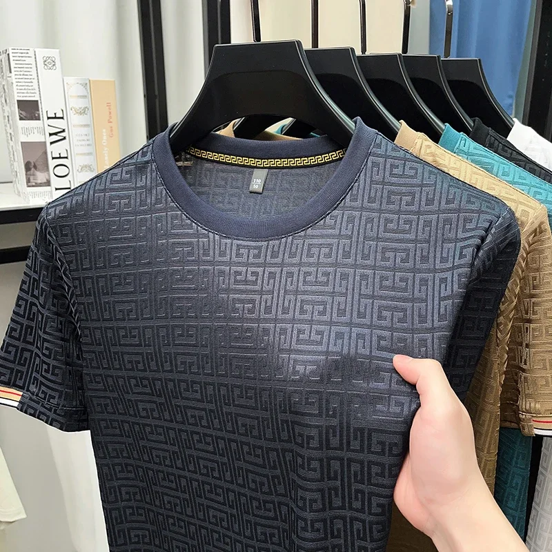 T-shirt Jacquard à manches courtes et col rond pour hommes, à la mode, décontracté et confortable, polyvalent, toutes saisons, nouvelle collection 2025