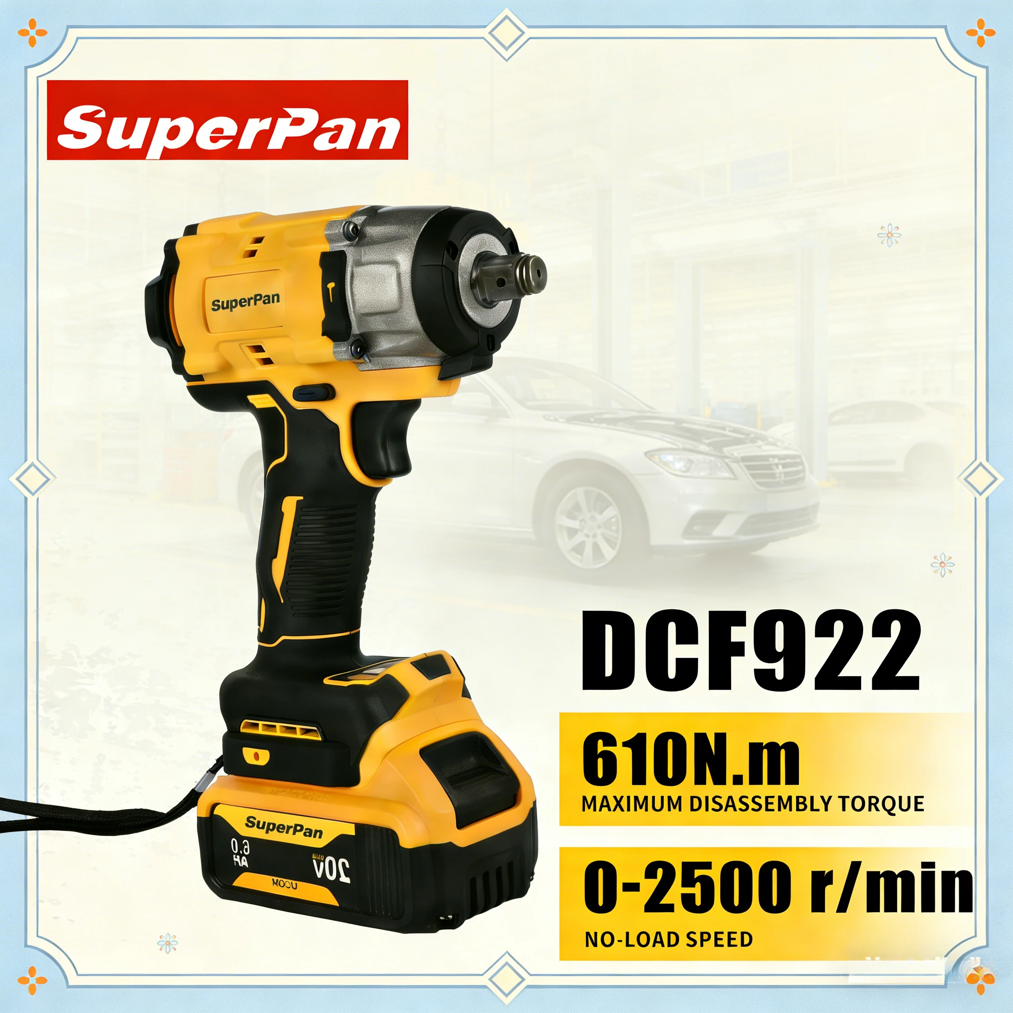 

SuperPan SP922 Impact Wrench Anti Slip Tools Lithium ion 203NM 1/2" Drive Stable Grip Work for dewalt 20V battery pin