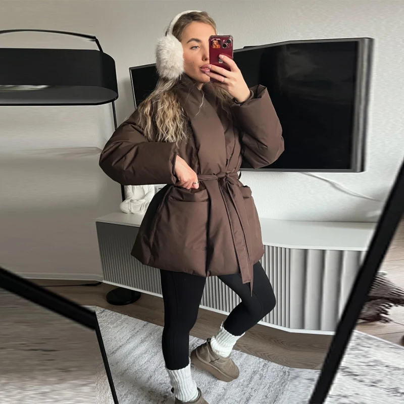 Damen Gefütterte Jacken V-Ausschnitt Langarm Schnürung Übergroße Mäntel Herbst Winter Damen Mantel mit Taschen Einfarbig Locker Geschnitten Schicke Neue Oberbekleidung – Detail 11