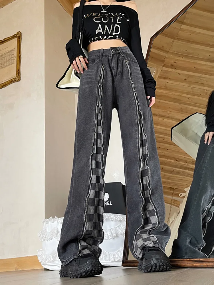 2023 Y2K Streetwear Zipper Washed Black Checkerboard Grid Baggy Jeans Pants For Women Clothes Straight Wide Leg Lady Trousers