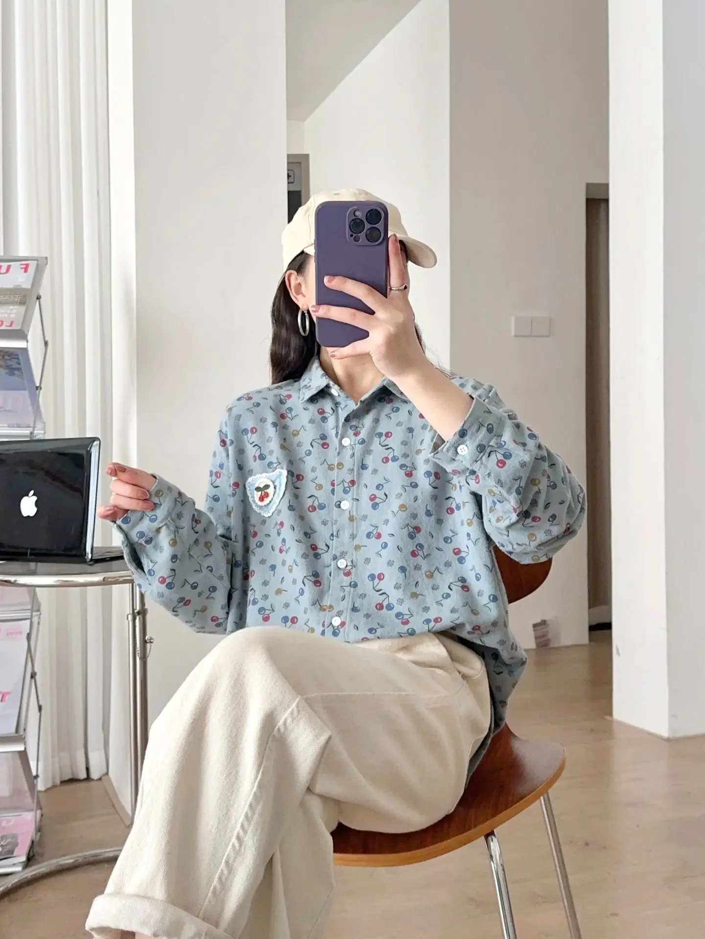Nowa koszula z długim rękawem z bawełny na jesień 2025, damska koszula z kołnierzykiem i nadrukiem, styl Mori Girl, słodka, luźna bluzka do pracy T5O086CC