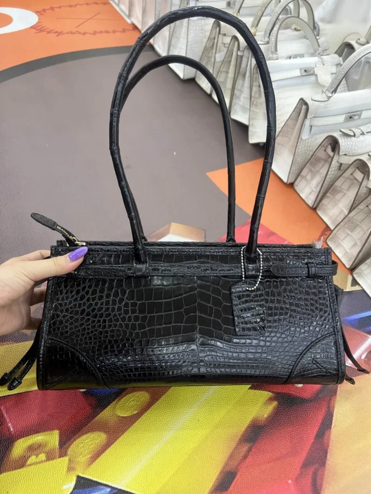 Luxury Women Elegant Crocodile Genuine Leather Underarm Bag Buckle Strap Office Ladies Shoulder Bags Vintage Party Totes Handbag