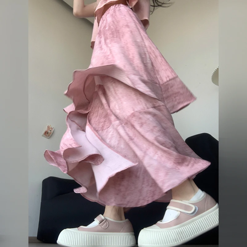 

Розовая асимметричная макси-юбка женская летняя новая модель с высокой талией, А-силуэт, с кружевной отделкой, с боковым разрезом, миди-юбка