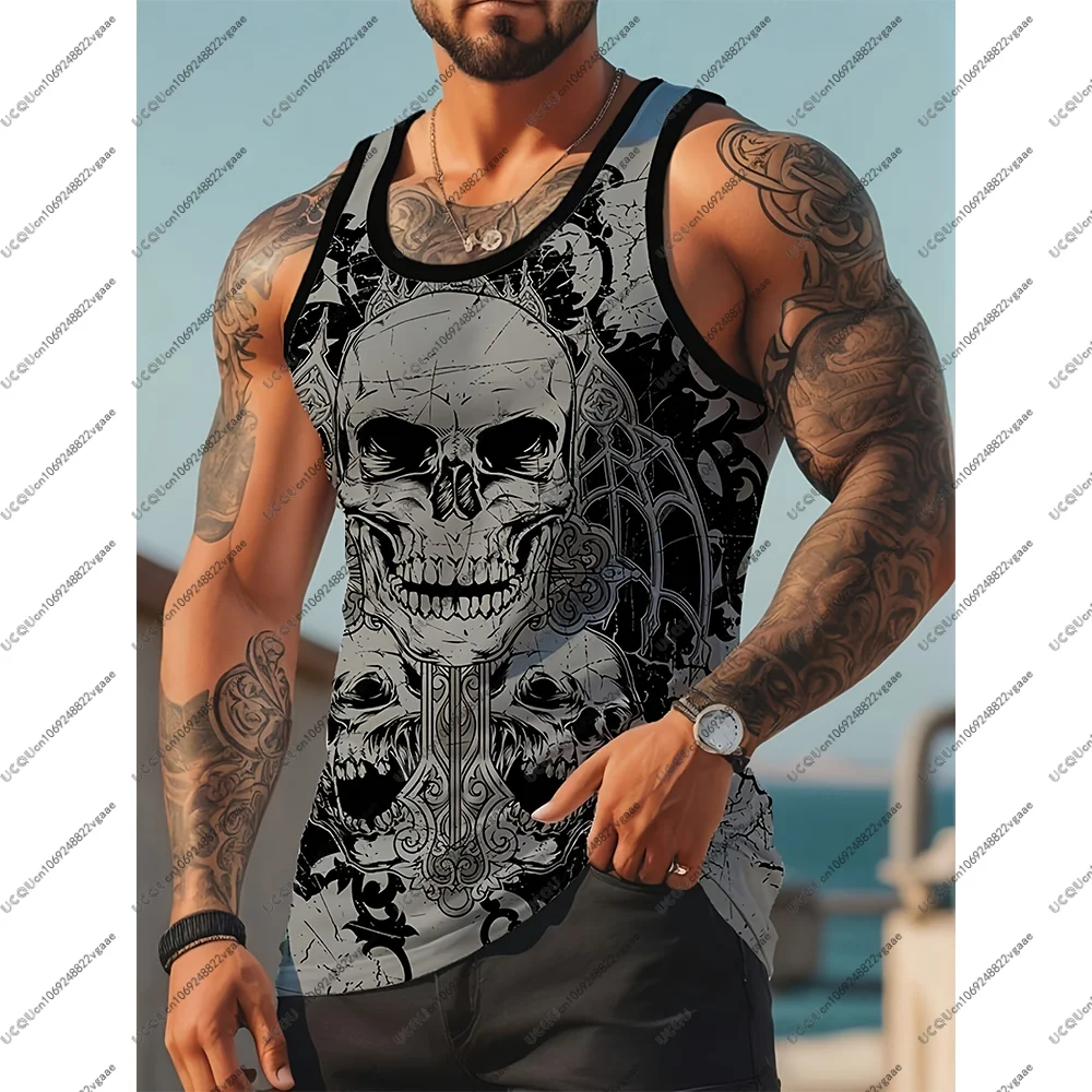 

Summer Skull Fitness Sleeveless Gym Graphic Tank Top Men Beach Vacation T Shirt Floral Halloween Casual Style Sports Vest Gift