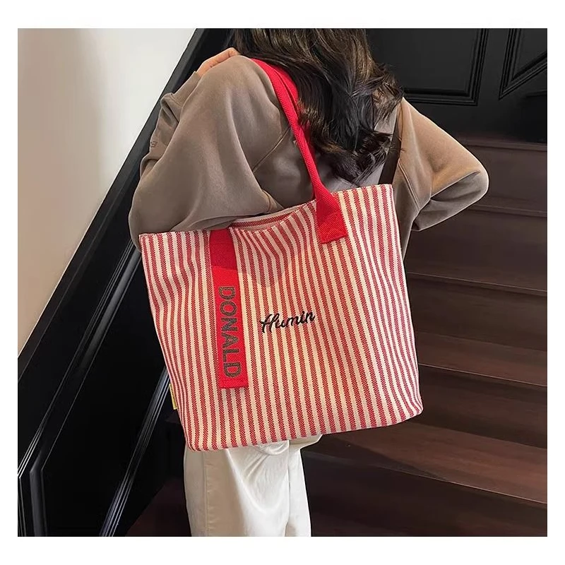 

Canvas Bag Large-capacity - New Women's Style Multi-purpose Striped Shoulder Bag for School, Commuting, Handbag Tote Bag