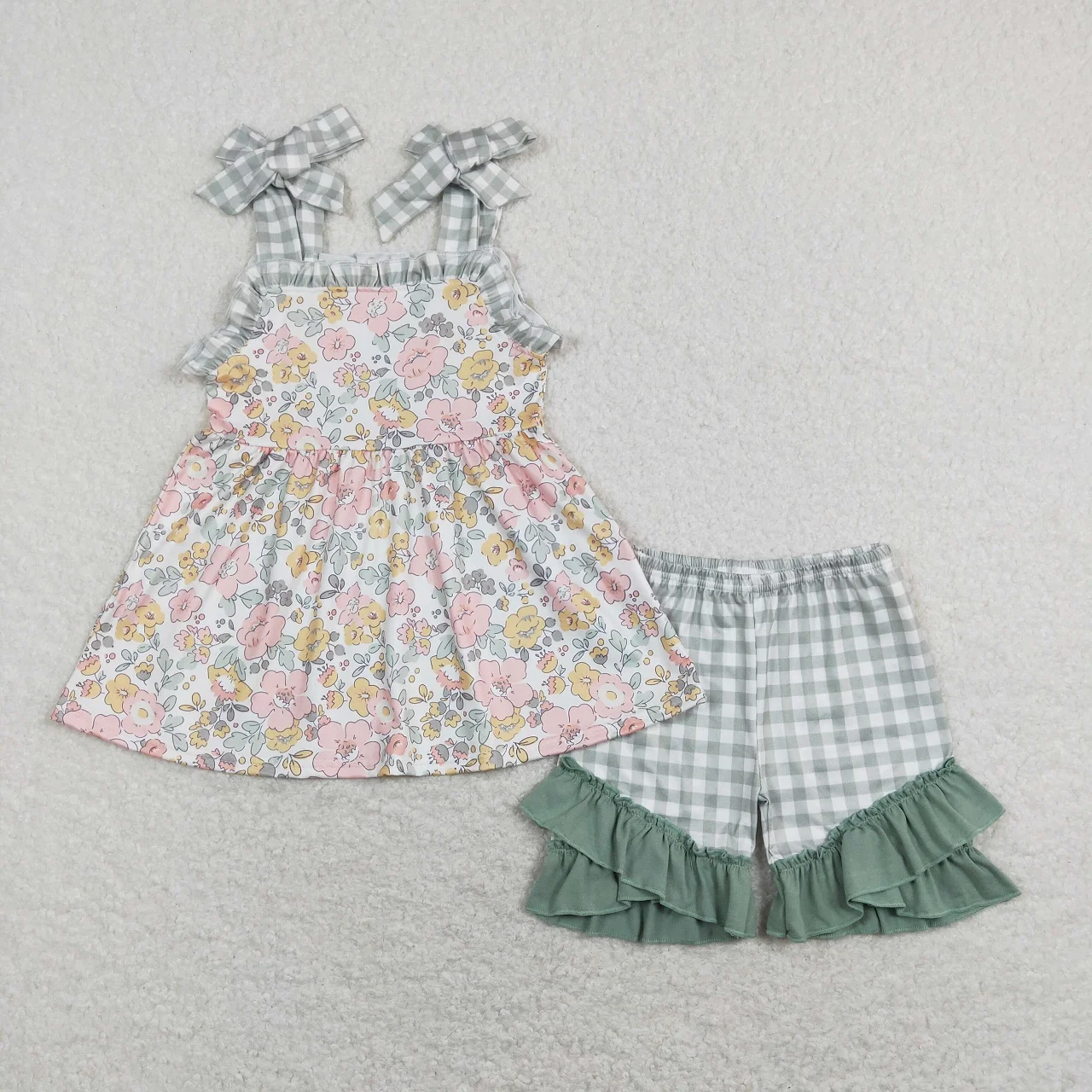 Wholesale Infant Flower Outfit Children Summer Sleeveless Floral Tunic Toddler Kids Green Plaid Ruffle Shorts Baby Girl Set