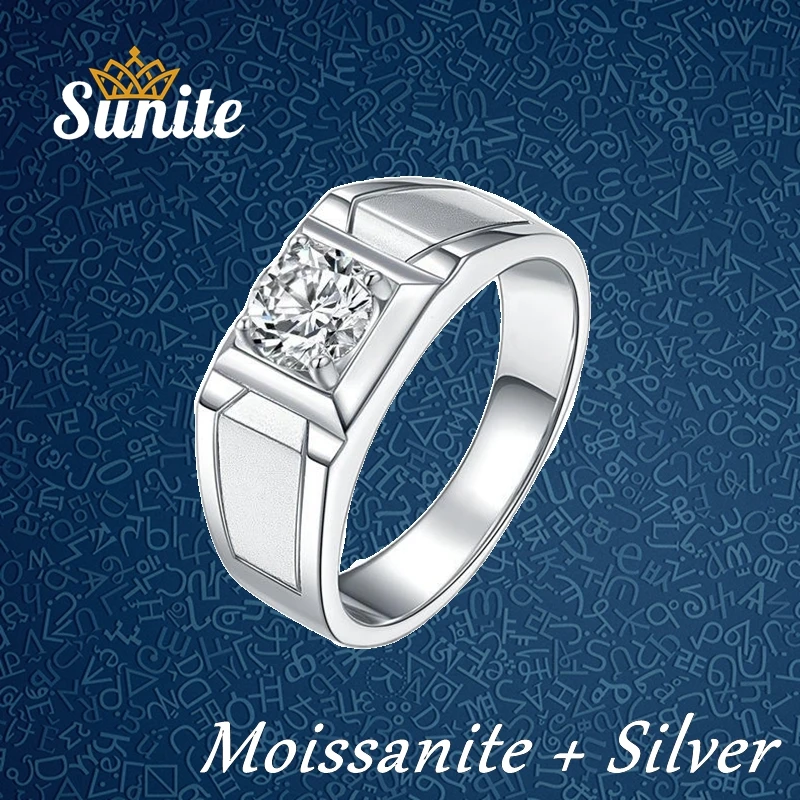 Sunite 1.0ct 0.5ct Moissanite Diamond Ring for Men Powerful Band White Gold Plated 925 Sterling Silver Men's Gifts for Handsome