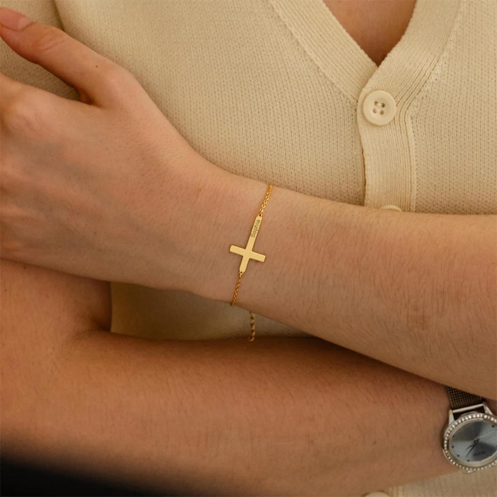 

Custom Cross Name Bracelets For Women Stainless Steel Customized Bracelet Personalized Wrist Chain Jewelry Birthday Gift