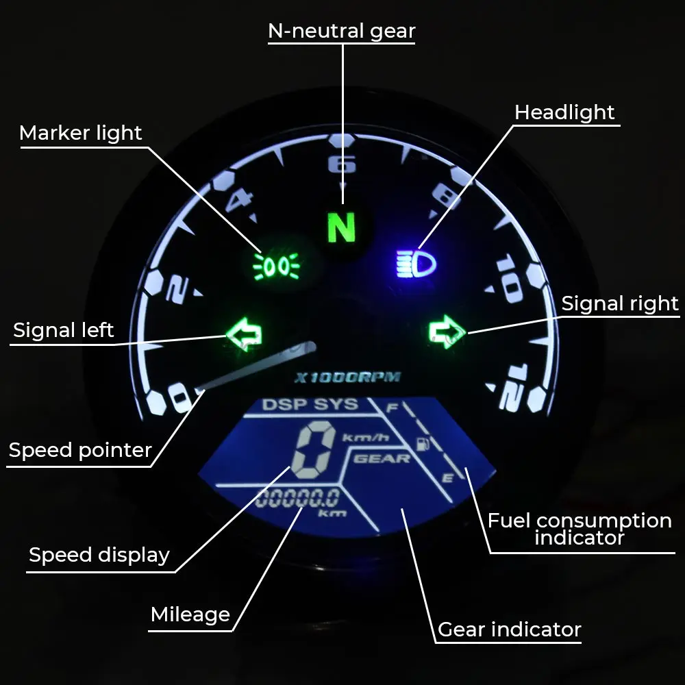 12V 2/4 Cylinders Motorcycle Speedometer With Bracket Tachometer Fuel Meter Dashboard Gauges Dial Odometer LCD Digital Indicator view 3