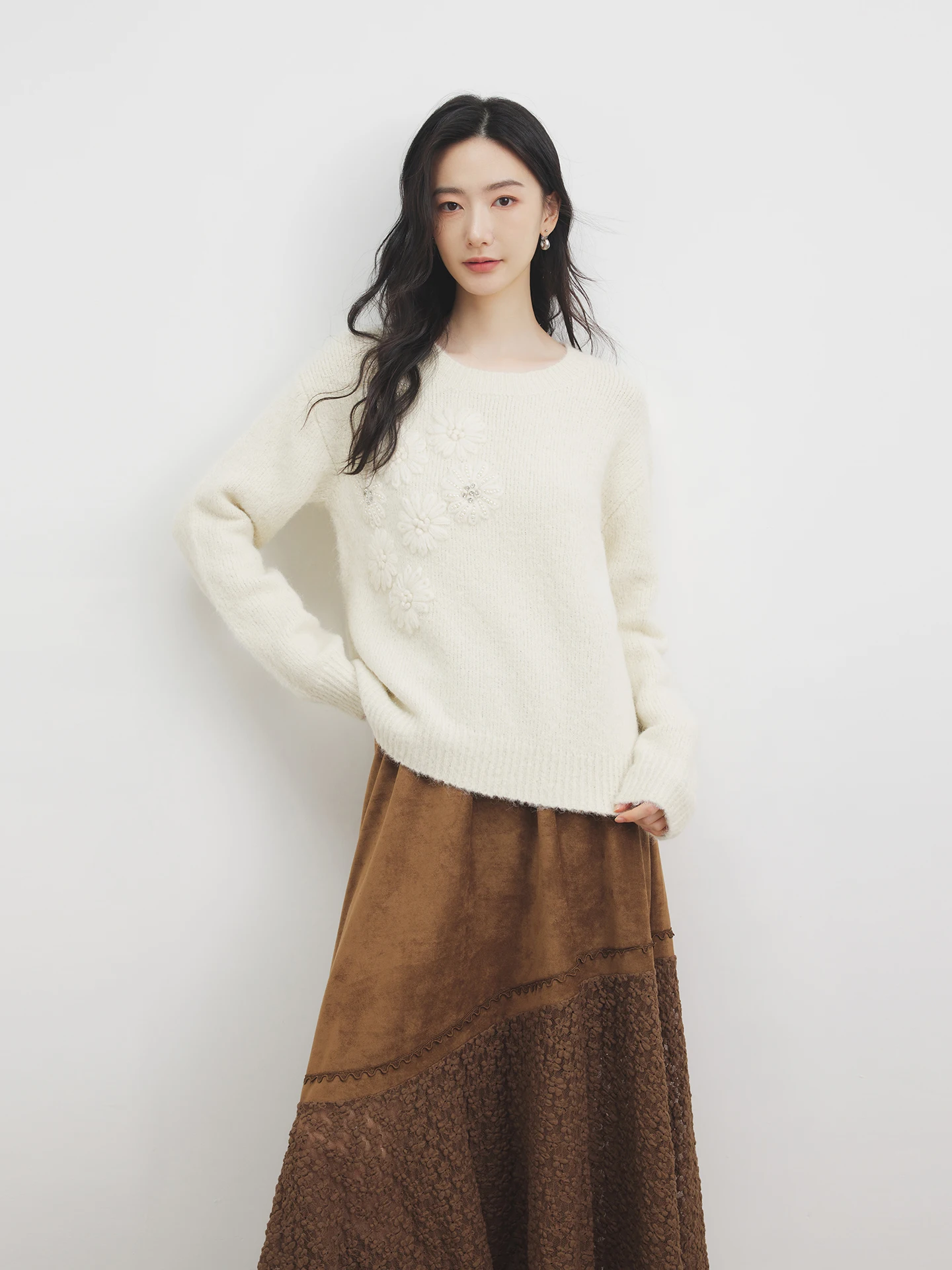 

Женский вязаный шерстяной свитер Annata с круглым вырезом, цветочным узором, теплый, прямого кроя, с длинными рукавами, осенне-зимний топ