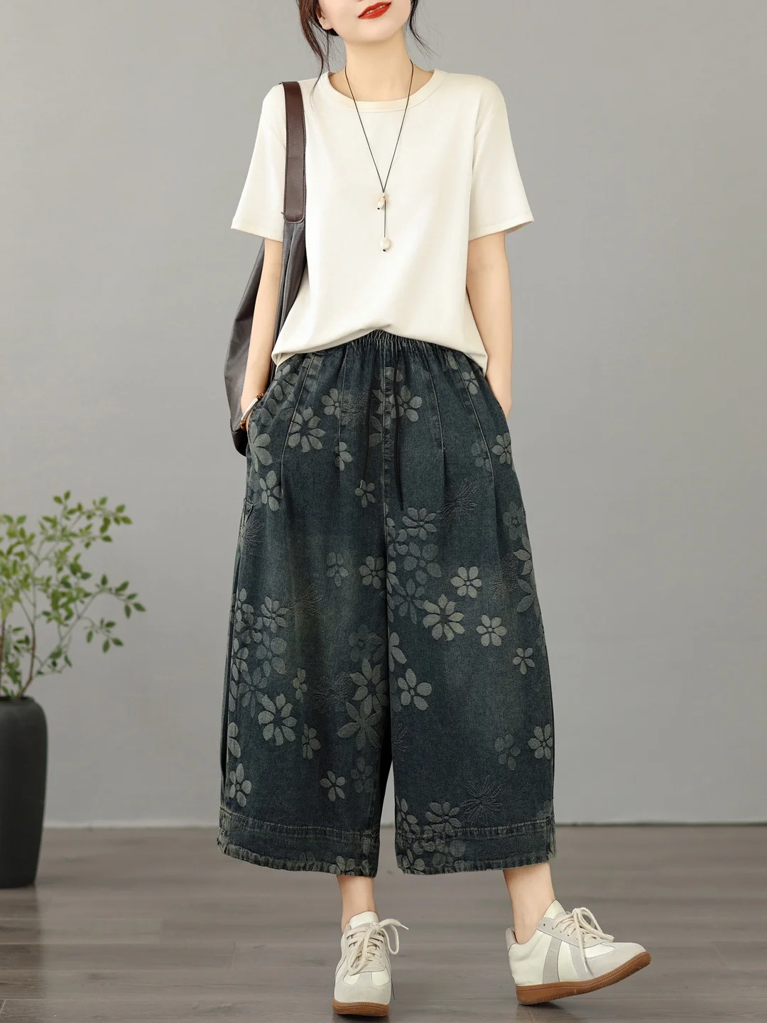 

Summer Floral Wide Leg Pants Soft Denim Casual Loose Women's Jeans High Waist Embroidered Cotton Blend Comfortable Trousers