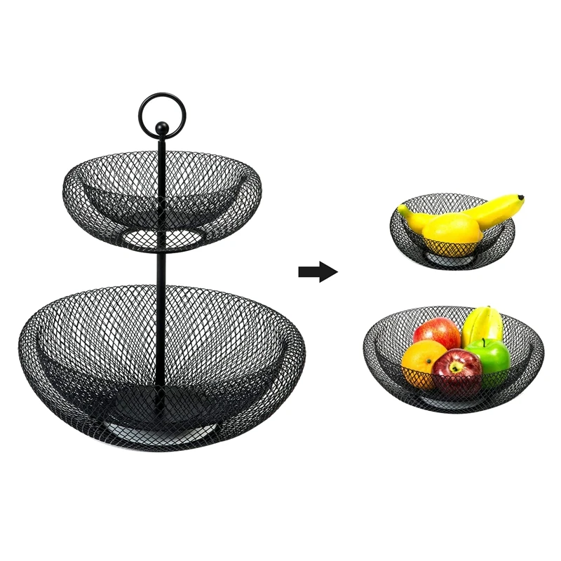 2-Tier Fruit Basket,Wire Fruit Bowls Holder,Decorative Fruits Basket,Kintchen Storage Basket For Snacks Vegetables,Black