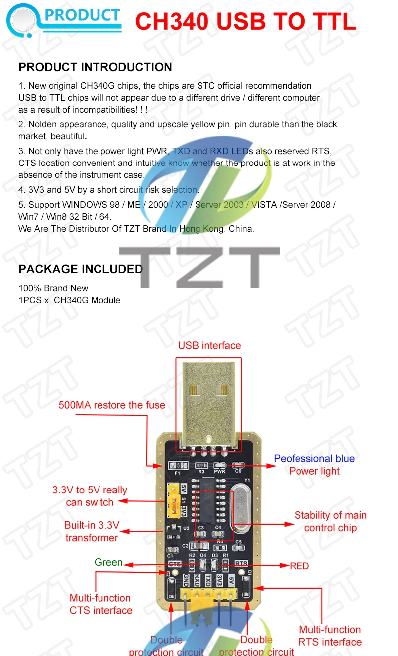 TZT CH340-Modul anstelle von PL2303 CH340G RS232 auf TTL-Modul, Upgrade USB auf serielle Schnittstelle in neun Bürstenplatte für Arduino Diy Kit – Detail 3