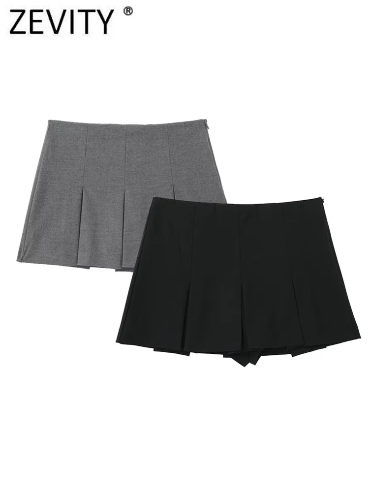 ZEVITY-pantalones Cortos de cintura alta para mujer, faldas ajustadas con diseño de pliegues anchos, con cremallera lateral, P2576