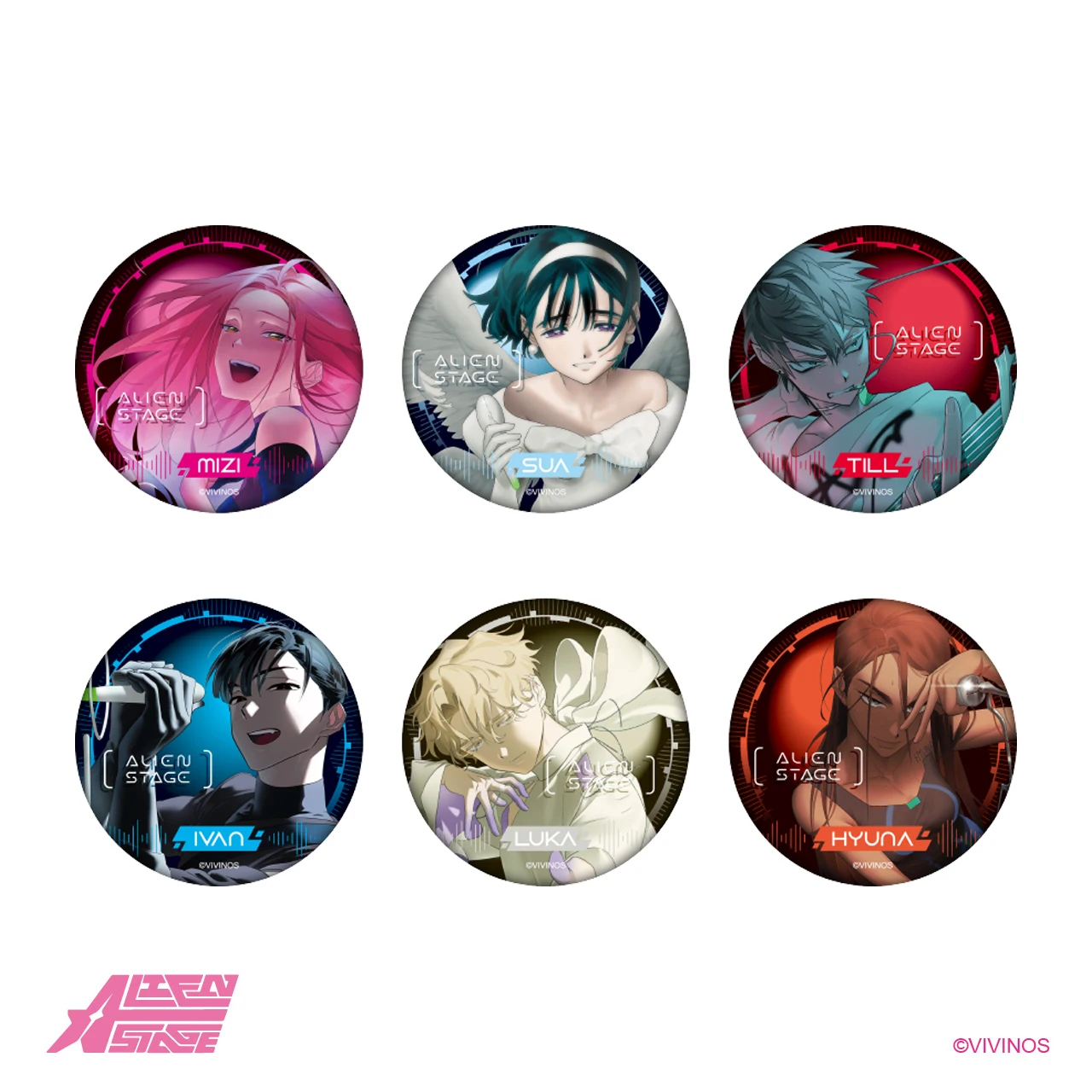 Official Anime Game Alien Stage Mizi Sua Till ivan Cosplay Metal Pins Badge Itabag Button Brooch ita-bag Decor Collection