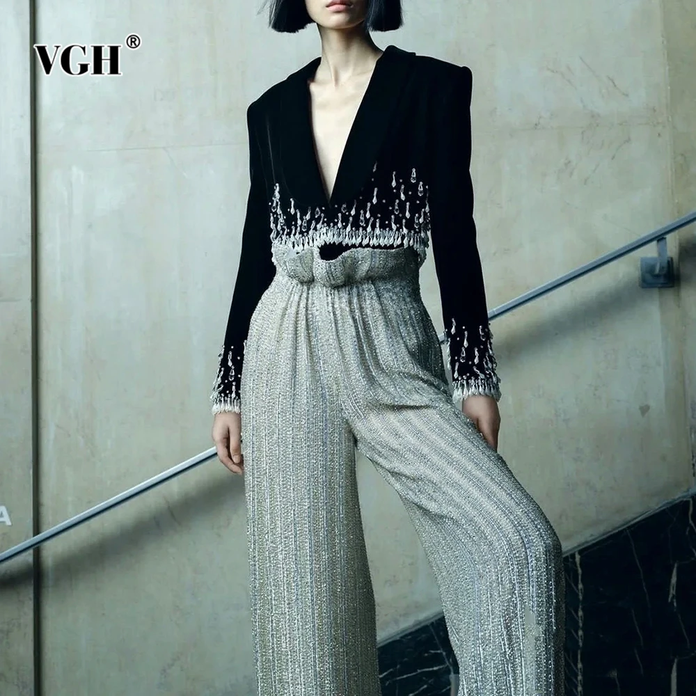 

VGH Evening Luxury Spliced Tassel Short Coat for Women Lapel Wrist Sleeve Patchwork Button Formal Black Color Jackets Female New