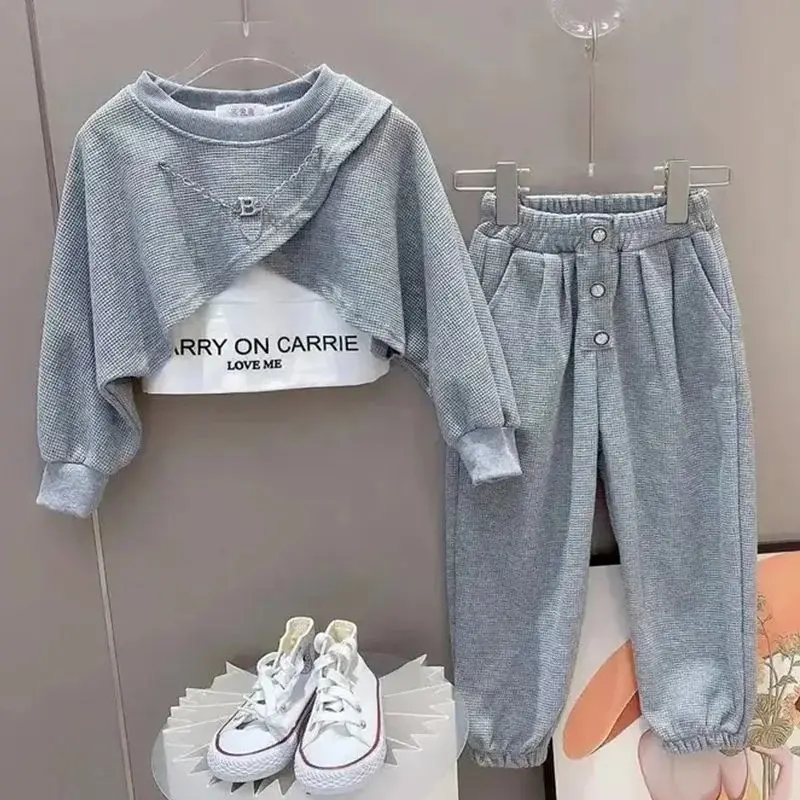 Spring Autumn Kids Girls Plain Waffle Crop Sweatshirt+Pants+Alphabet Tee Tops Sets Kids Tracksuits Children 3PCS Outfit 4-12 Yrs