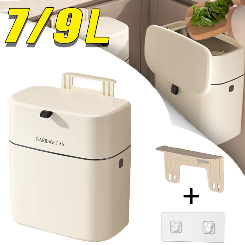 7/9L Kitchens Trash Bin Cabinet Door Hanging Trash Can Large Capacity Kitchen Wall Mounted Trash Bin Odorproof Counter Waste Box