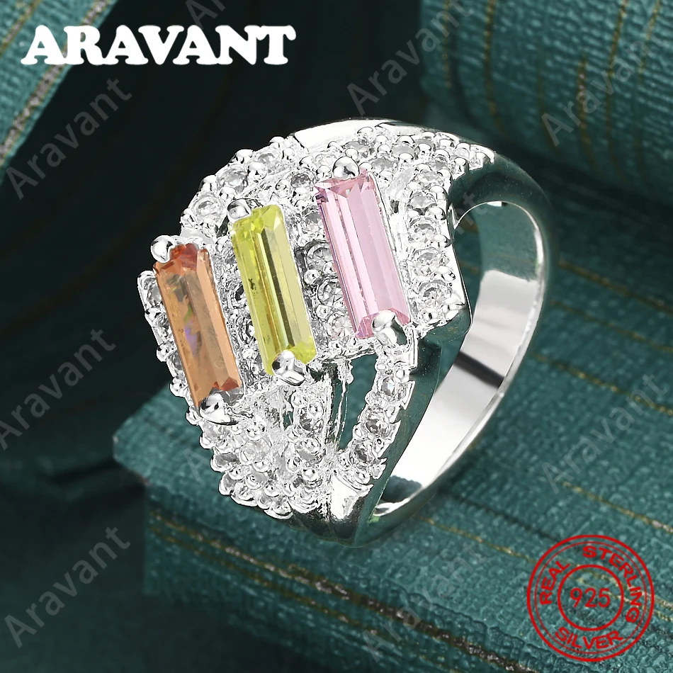 Dreifarbiger rechteckiger Zirkonia-Ring aus 925er Sterlingsilber, exquisiter und süßer Hochzeitsschmuck für Frauen