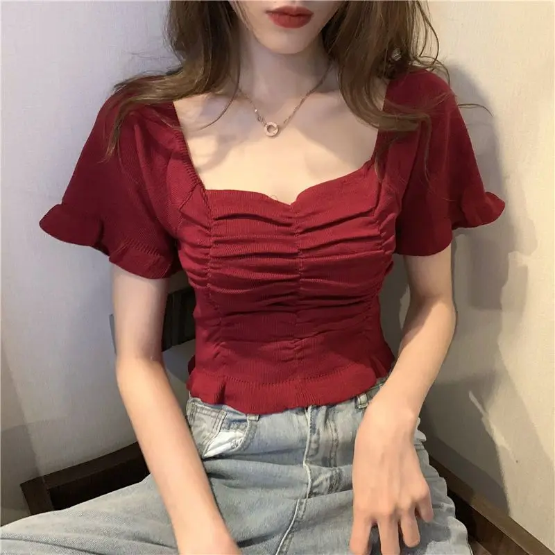 Summer Ice Silk Square Collar Irregular Short Sleeve Top Solid Ruffles Short Crop Tops T-Shirt Casual All-match Women Clothing