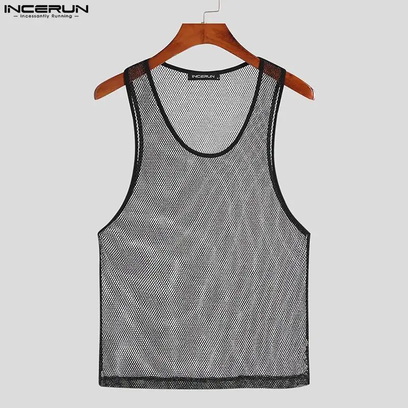 INCERUN Men canotte Mesh Patchwork o-collo senza maniche gilet trasparenti uomo Streetwear 2023 Fitness Fashion Sexy Party Tops 5XL