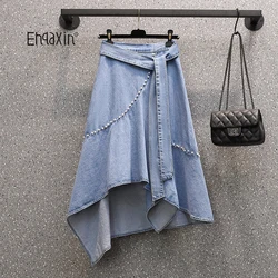 EHQAXIN Femmes Casual Denim Jupe 2024 Été Nouveau Simple Irrégulier À Lacets Perlé Denim Jupe Dames Mode Jeune L-4XL