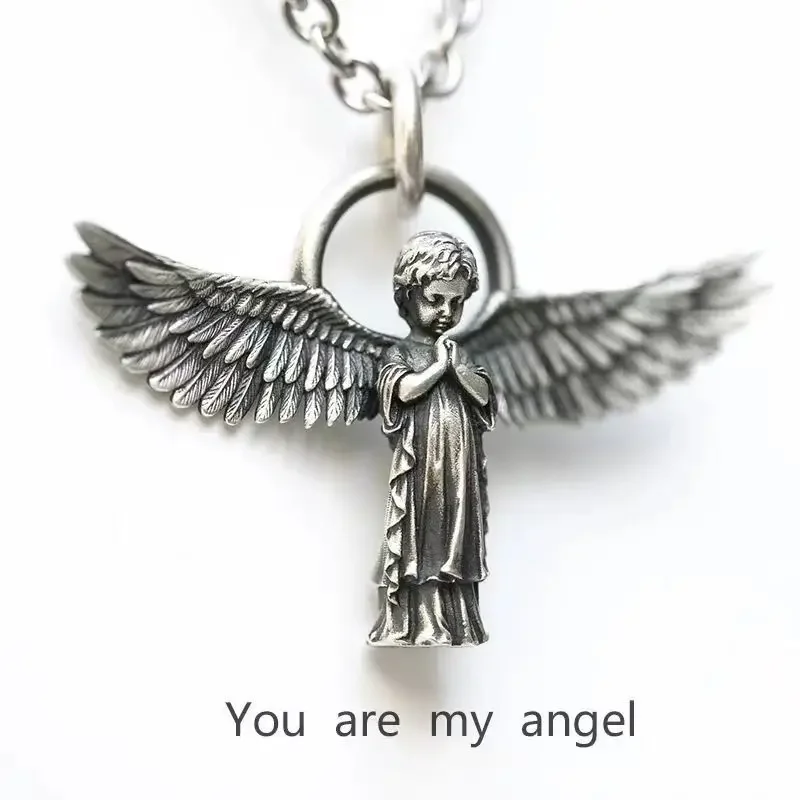 Personality Hip Hop Angel Wings Prayer Pendant Sweater Chain Charm Men and Women Couple Fashion Jewelry Gift