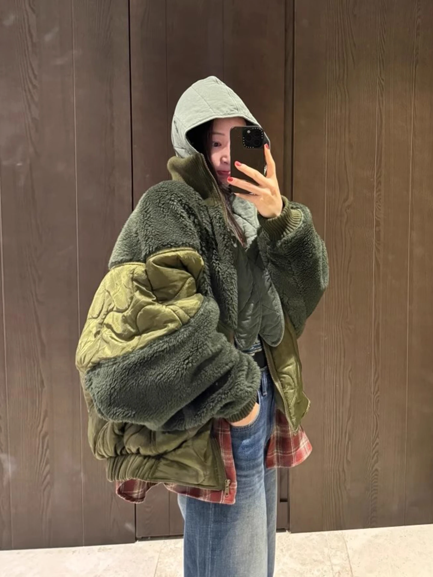 

Retro High Collar Heavy Work Color Blo Lamb Fur Cotton Jaet Women's Winter New Sle Loose Top Korean Sle Long Sve