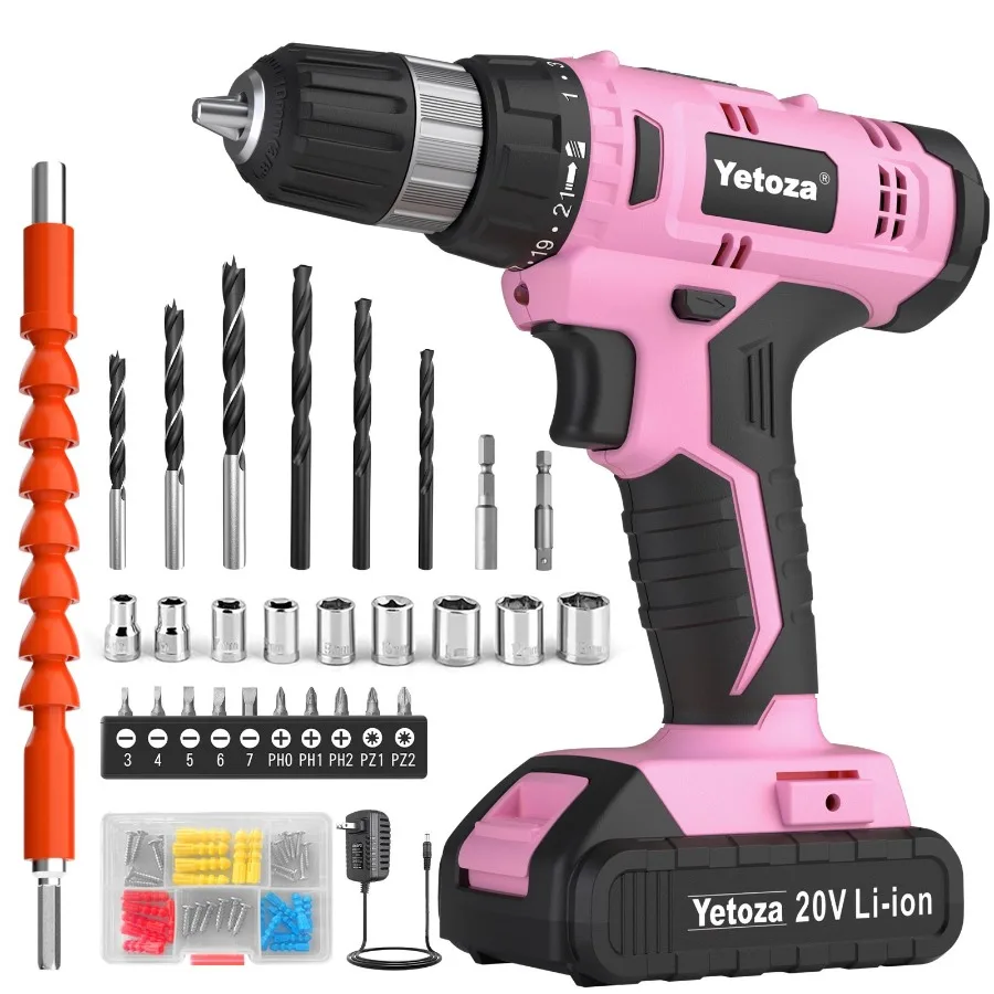 

Cordless Drill Kit 20V Electric Drill with Battery and Charger Pink DIY Power Tools Rechargeable Lithium Drill Kit 20V 12V Scre