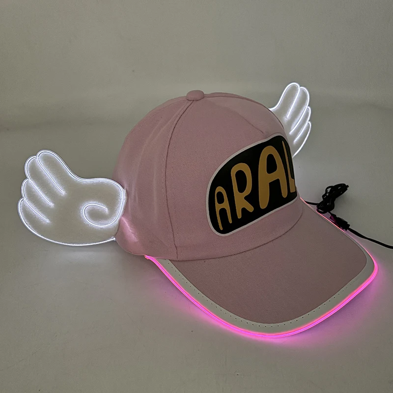 Anime Dr.Slump Cosplay Snapback Caps LED Light Arale Baseball with Angel Wings Cute Pink Baseball Hat For Adult Kids Halloween