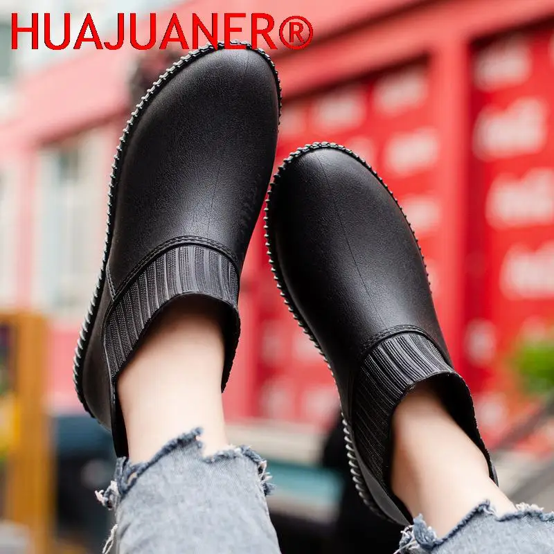 Moda feminina botas de chuva de cano baixo à prova dwaterproof água senhoras sapatos de chuva deslizamento no verão mulher sapato de borracha moda lavagem carro tornozelo bota