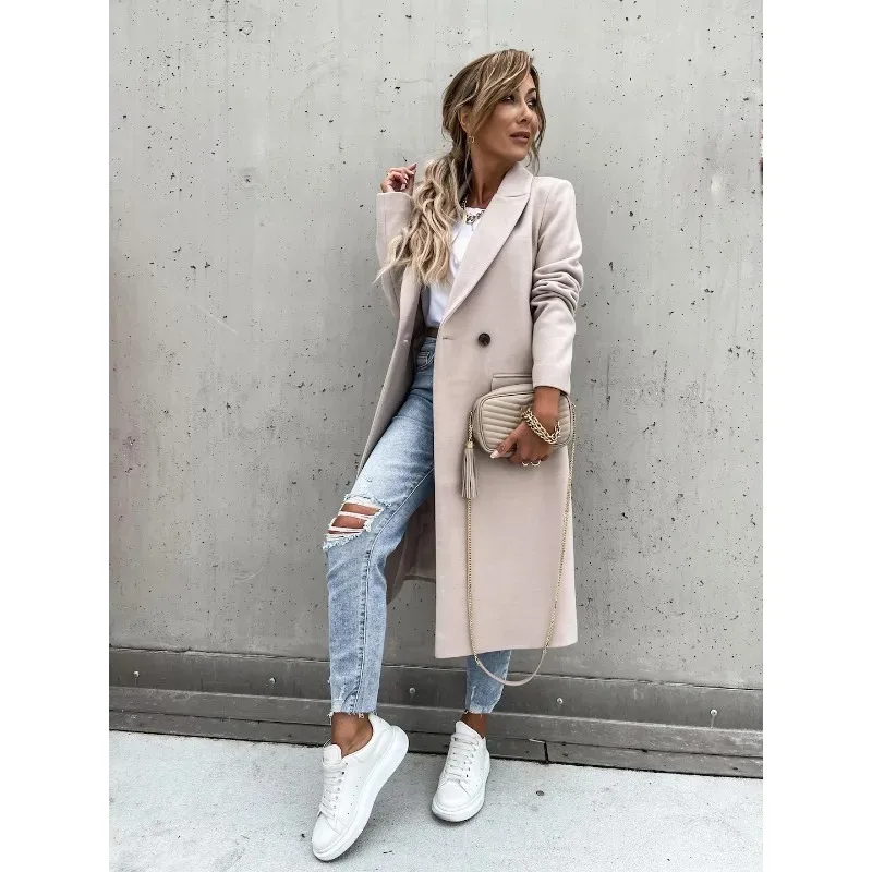 

Autumn Winter Coat for Women Clothes Torch Jacket Coat Single Breasted Solid Color Women's Slim Long Windbreaker Woolen Coat