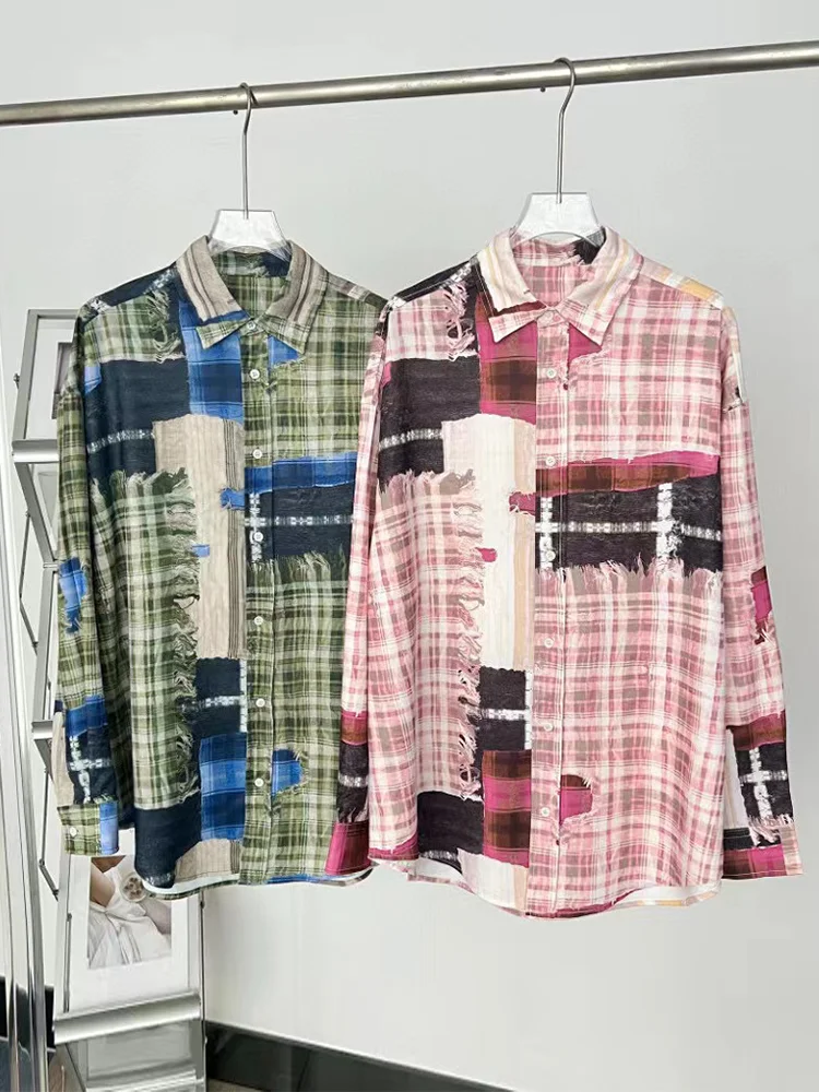 

Loose Plaid irt Jaet Women's Design Spring Summer New Sle Couple Matching Casual Faion Long Sve Flip Collar Top
