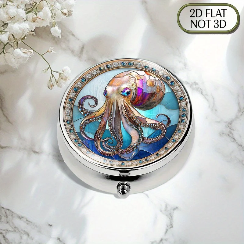 A flat, portable, round metal pill box with an exquisite octopus pattern and gemstone border, suitable for storing vitamins and medication, is the perfect choice for organizing small items and coins, and also makes an excellent gift for friends and family