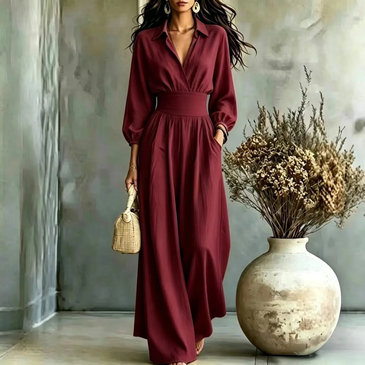 Women Linen Jumpsuit V Neck Roll Up Sleeve High Waist Wide Leg Romper With Pockets Elegant Summer Holiday Party Long Jumpsuit
