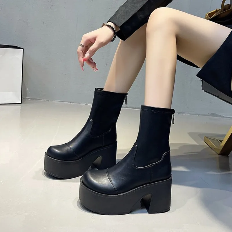 جديد 9 سنتيمتر أسافين النساء أحذية عالية الكعب الكاحل الثلوج منصة أحذية الشتاء 2025 ماركة الجلود تشيلسي الأحذية أنيقة القوطي بوتاس Mujer