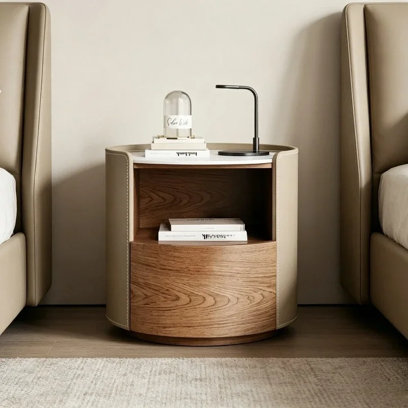 Round Bedside Table with Open Shelf and Drawer, Upholstered Nightstand with Wood Veneer, Modern Compact Storage Side Table