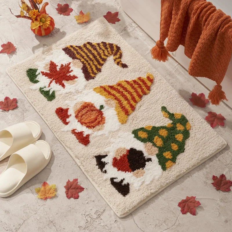 VIKAMA Fall Gnome Bath Mat Pumpkin Maple Leaf Pattern Non Slip Absorbent Floor Mat For Bathroom Bedroom Autumn Home Decoration