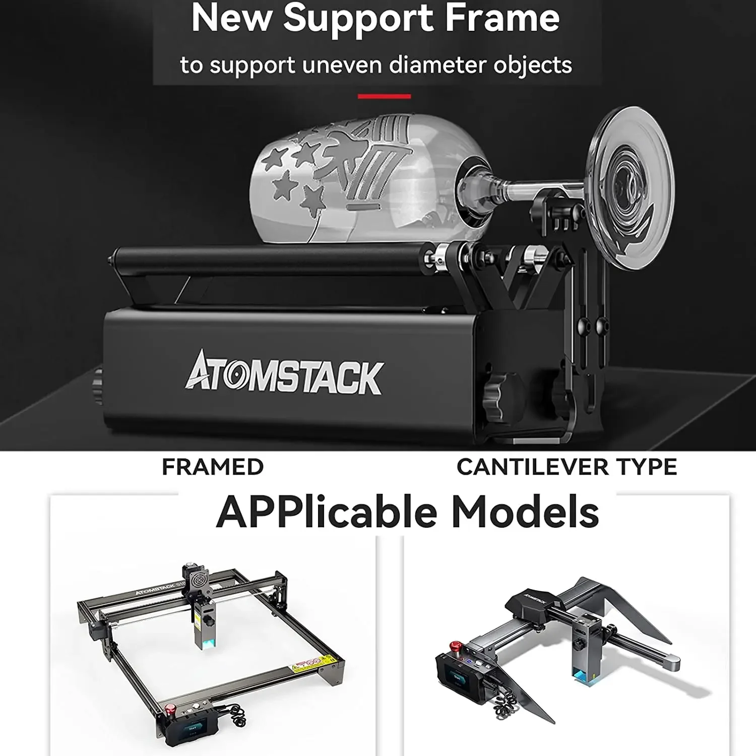 Módulo de máquina de grabado de rodillo giratorio Atomstack R3 Pro mejorado con marco de soporte Separable y torres de extensión