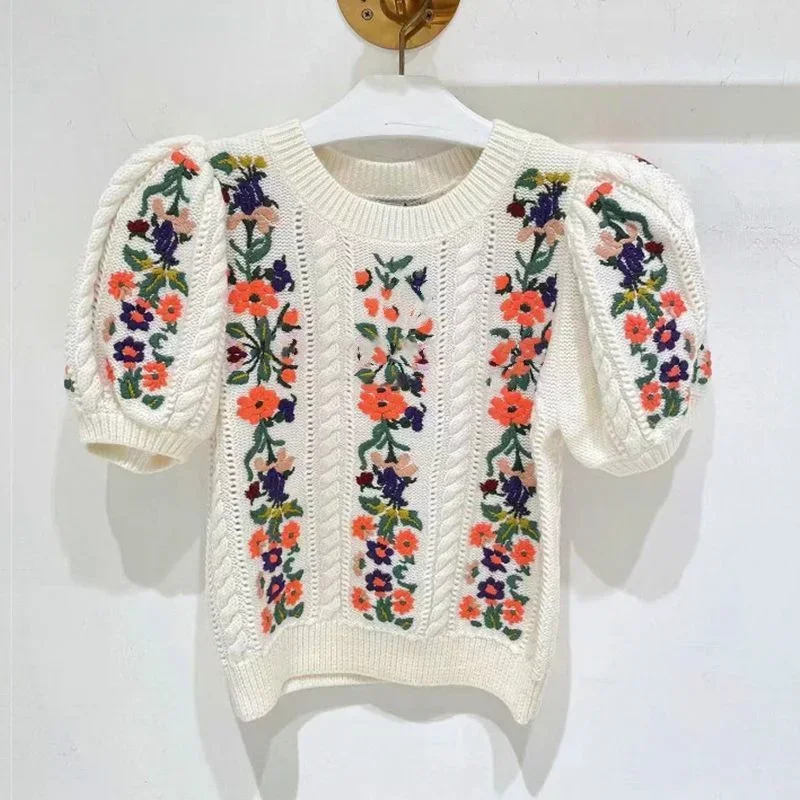 French Niche Hook Flower Embroidery Sweater Women 2024 Summer Chic New All-match Tops Puff Sleeve O-neck Elegant Female Pullover