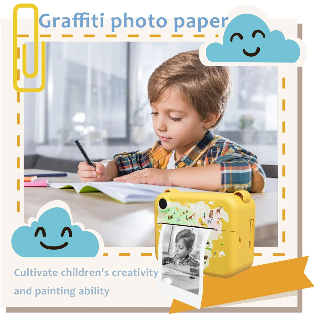 Print Camera For Kids, 2 Inch Screen Kids Camera For Boys With 3 Print Paper, Birthday Gift HD Digital Video Instant Camera Toys