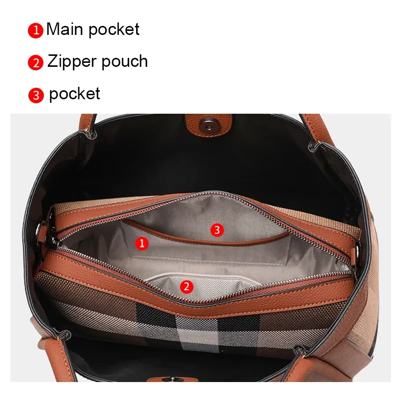 Free Shipping Aidrani 2025 New Retro Checkered Women's Designer Handbag Large Capacity Canvas Genuine Leather Bag