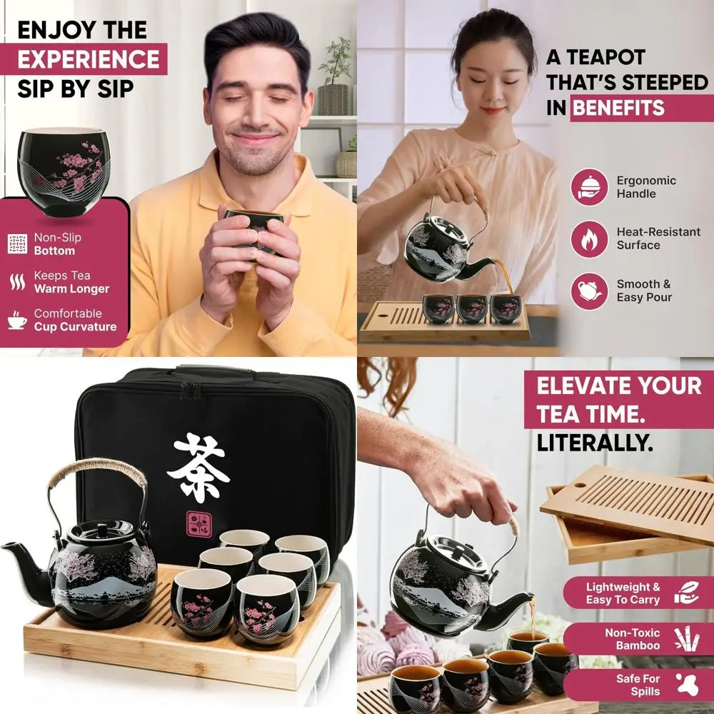 

Керамический чайный сервиз с чайником, 6 чашек, бамбуковый поднос, сумка для хранения для путешествий, дома, использования на природе, подходит для мужчин и женщин