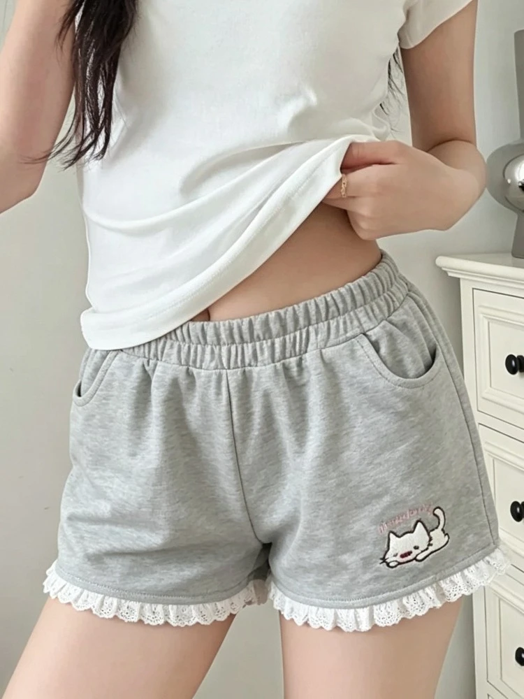 Korean Style Kawaii Print Cute Lolita Shorts Japanese Casual Fashion Elastic Waist Wide Leg Sweet Women Daily Clothing